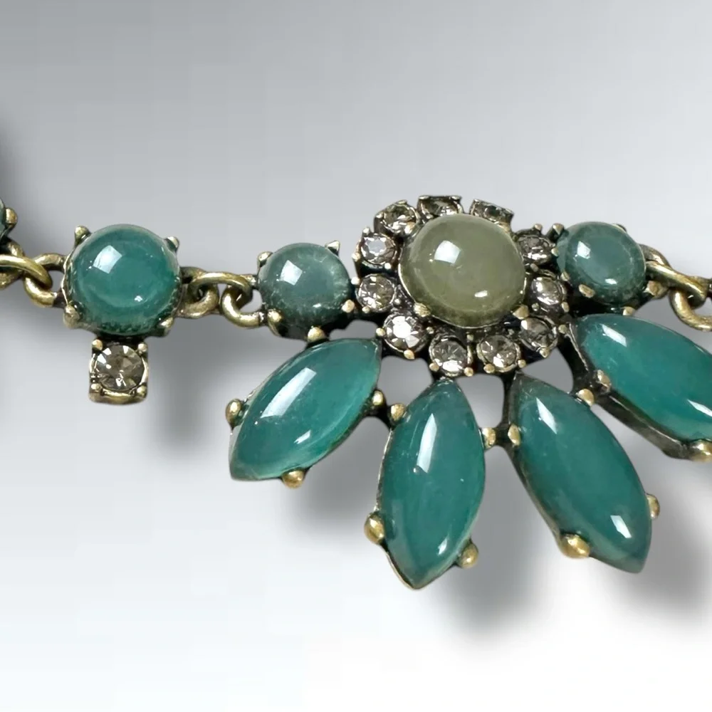 Vintage J.Crew Statement Necklace Gray Blue Gold Rhinestone Signed Retro 50s 60s